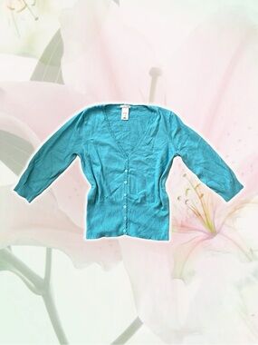 Old Navy Y2K Teal Lightweight V-Neck Button Beaded Trim Cardigan Size L